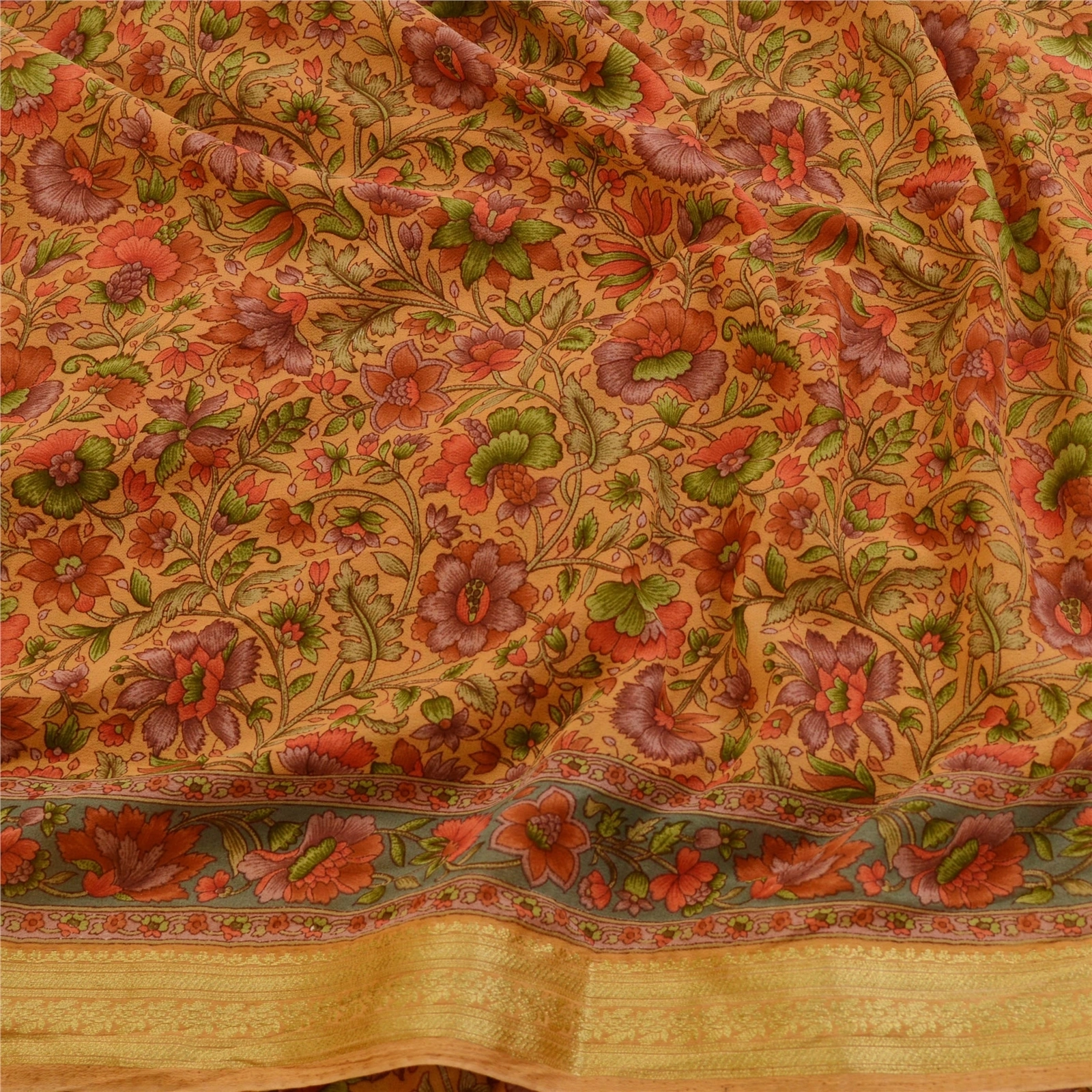 Sanskriti Vintage Brown Printed Sarees Georgette Zari Border Sari Craft Fabric, PRG-11007-Brown-Printed Floral Design-Georgette-6