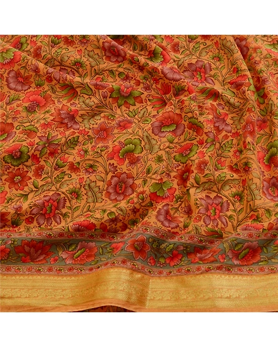 Sanskriti Vintage Brown Printed Sarees Georgette Zari Border Sari Craft Fabric, PRG-11007-Brown-Printed Floral Design-Georgette-6