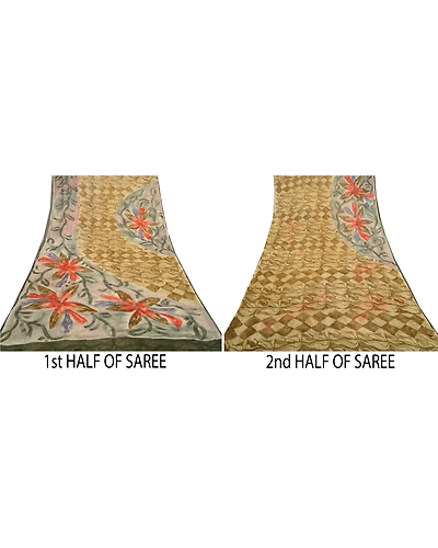 Sanskriti Vintage Green Sarees Blend Georgette Printed Sari Soft Craft Fabric, PRG-11019-Green-Printed Floral Design-Blend Georgette-5