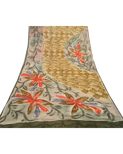 Sanskriti Vintage Green Sarees Blend Georgette Printed Sari Soft Craft Fabric, PRG-11019-Green-Printed Floral Design-Blend Georgette-8
