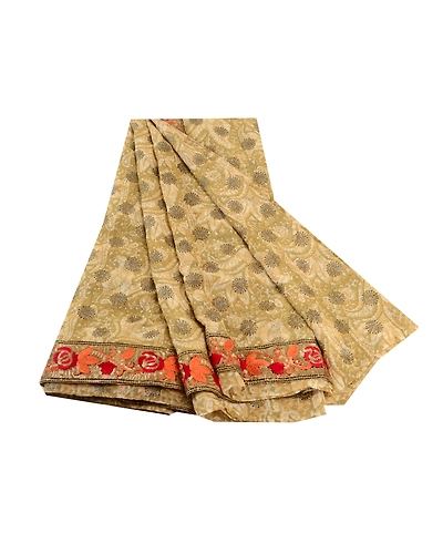 Sanskriti Vintage Green Sparkle Sarees Pure Georgette Silk Print Sari 5Yd Fabric, PRG-11023-Green-Printed Floral Design-Pure Georgette Silk-2