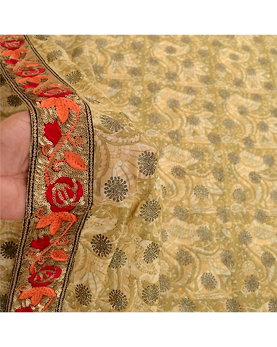 Sanskriti Vintage Green Sparkle Sarees Pure Georgette Silk Print Sari 5Yd Fabric, PRG-11023-Green-Printed Floral Design-Pure Georgette Silk-4