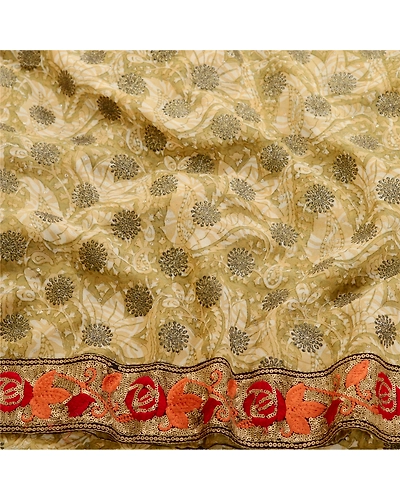 Sanskriti Vintage Green Sparkle Sarees Pure Georgette Silk Print Sari 5Yd Fabric, PRG-11023-Green-Printed Floral Design-Pure Georgette Silk-6