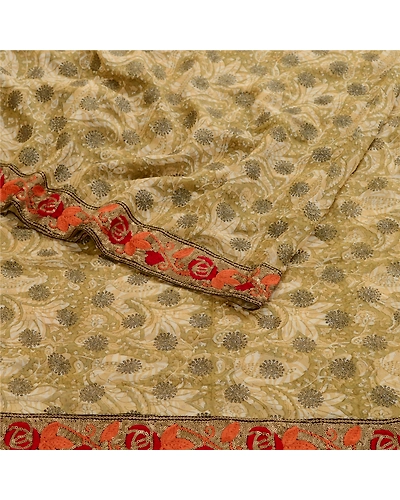 Sanskriti Vintage Green Sparkle Sarees Pure Georgette Silk Print Sari 5Yd Fabric, PRG-11023-Green-Printed Floral Design-Pure Georgette Silk-9