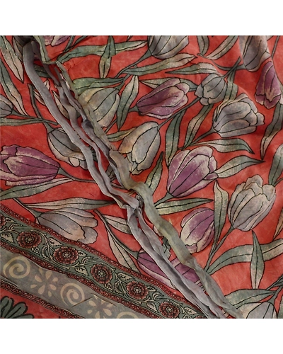 Sanskriti Vintage Pink Sarees Pure Georgette Silk Printed Sari 5 Yd Craft Fabric, PRG-11048-Pink-Printed Floral Design-Pure Georgette Silk-1