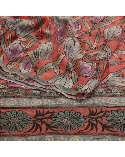 Sanskriti Vintage Pink Sarees Pure Georgette Silk Printed Sari 5 Yd Craft Fabric, PRG-11048-Pink-Printed Floral Design-Pure Georgette Silk-9