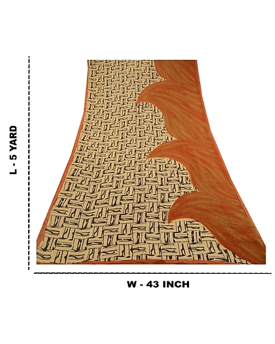 Sanskriti Vintage Saffron Sarees Pure Georgette Silk Printed Sari Craft Fabric, PRG-11071-Saffron-Printed Floral Design-Pure Georgette Silk-3