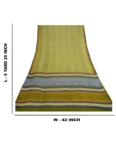 Sanskriti Vintage Green Sarees Pure Georgette Silk Printed Sari 5Yd Craft Fabric, PRG-11073-Green-Printed Floral Design-Pure Chiffon Silk-3