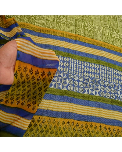 Sanskriti Vintage Green Sarees Pure Georgette Silk Printed Sari 5Yd Craft Fabric, PRG-11073-Green-Printed Floral Design-Pure Chiffon Silk-4
