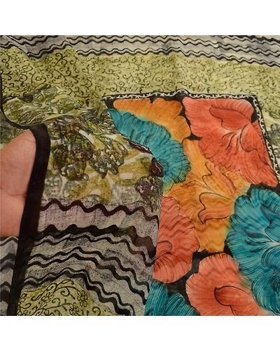 Sanskriti Vintage Green Sarees Pure Georgette Silk Printed Sari 5Yd Craft Fabric, PRG-11075-Green-Printed Floral Design-Pure Georgette Silk-4