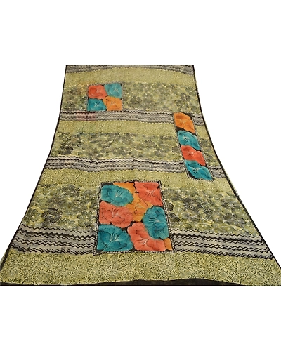 Sanskriti Vintage Green Sarees Pure Georgette Silk Printed Sari 5Yd Craft Fabric, PRG-11075-Green-Printed Floral Design-Pure Georgette Silk-8