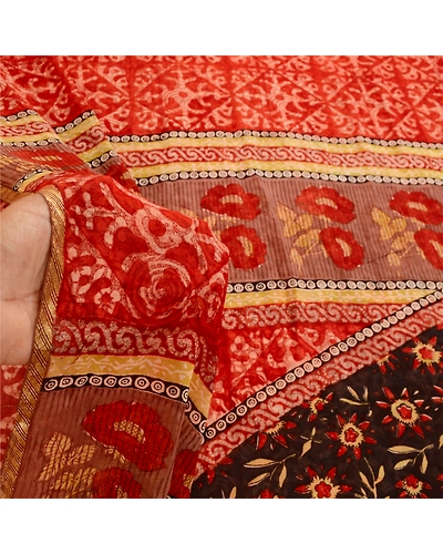 Sanskriti Vintage Red Sarees Pure Georgette Silk Printed Sari 5Yd Craft Fabric, PRG-11079-Red-Printed Floral Design-Pure Georgette Silk-4