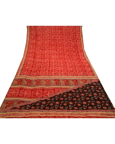 Sanskriti Vintage Red Sarees Pure Georgette Silk Printed Sari 5Yd Craft Fabric, PRG-11079-Red-Printed Floral Design-Pure Georgette Silk-8