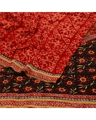 Sanskriti Vintage Red Sarees Pure Georgette Silk Printed Sari 5Yd Craft Fabric, PRG-11079-Red-Printed Floral Design-Pure Georgette Silk-9