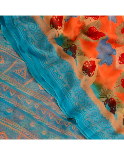 Sanskriti Vintage Orange Sarees Blend Georgette Printed Sari 5Yd Craft Fabric, PRG-11082-Orange-Printed Floral Design-Blend Georgette-1