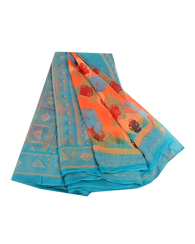 Sanskriti Vintage Orange Sarees Blend Georgette Printed Sari 5Yd Craft Fabric, PRG-11082-Orange-Printed Floral Design-Blend Georgette-2
