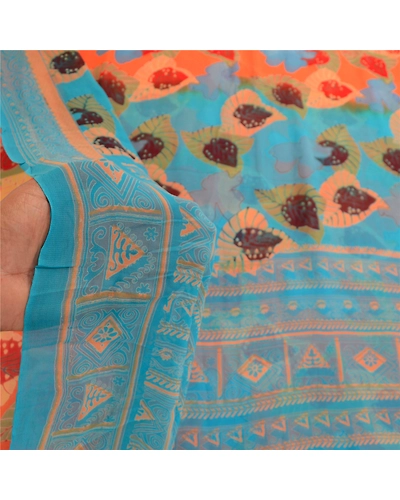 Sanskriti Vintage Orange Sarees Blend Georgette Printed Sari 5Yd Craft Fabric, PRG-11082-Orange-Printed Floral Design-Blend Georgette-4