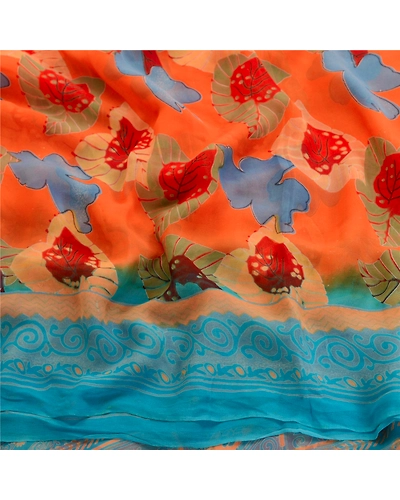 Sanskriti Vintage Orange Sarees Blend Georgette Printed Sari 5Yd Craft Fabric, PRG-11082-Orange-Printed Floral Design-Blend Georgette-6