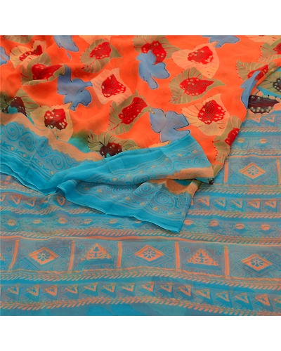Sanskriti Vintage Orange Sarees Blend Georgette Printed Sari 5Yd Craft Fabric, PRG-11082-Orange-Printed Floral Design-Blend Georgette-7