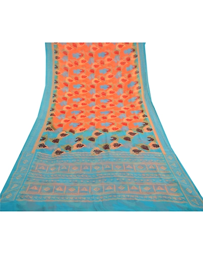 Sanskriti Vintage Orange Sarees Blend Georgette Printed Sari 5Yd Craft Fabric, PRG-11082-Orange-Printed Floral Design-Blend Georgette-8