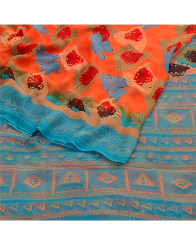 Sanskriti Vintage Orange Sarees Blend Georgette Printed Sari 5Yd Craft Fabric, PRG-11082-Orange-Printed Floral Design-Blend Georgette-9