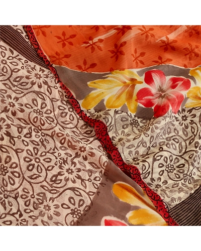 Sanskriti Vintage Orange Sarees Pure Georgette Silk Printed Sari Craft Fabric, PRG-11094-Orange-Printed Floral Design-Pure Georgette Silk-1