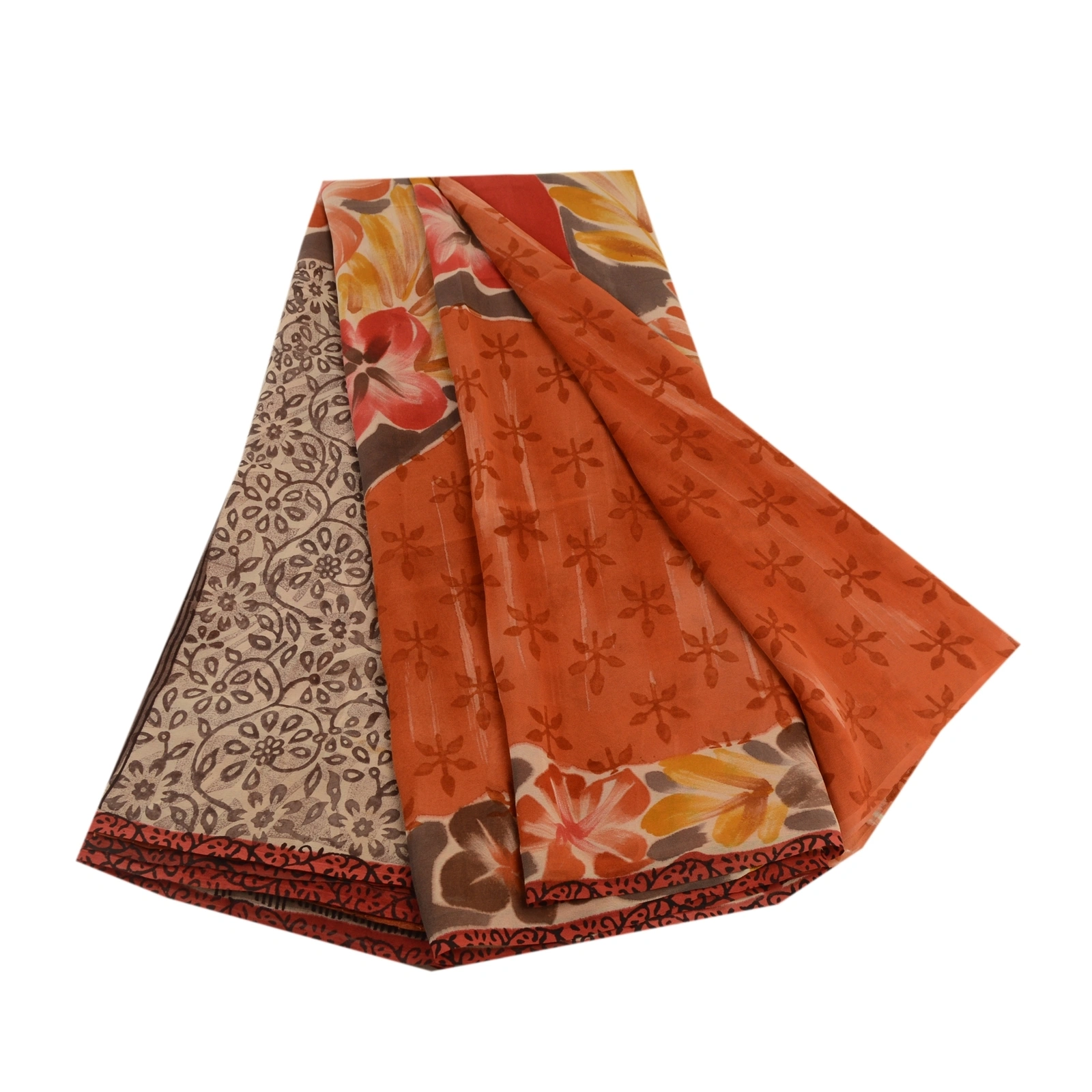 Sanskriti Vintage Orange Sarees Pure Georgette Silk Printed Sari Craft Fabric, PRG-11094-Orange-Printed Floral Design-Pure Georgette Silk-2