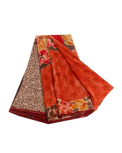 Sanskriti Vintage Orange Sarees Pure Georgette Silk Printed Sari Craft Fabric, PRG-11094-Orange-Printed Floral Design-Pure Georgette Silk-2