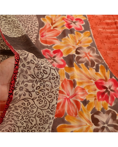 Sanskriti Vintage Orange Sarees Pure Georgette Silk Printed Sari Craft Fabric, PRG-11094-Orange-Printed Floral Design-Pure Georgette Silk-4