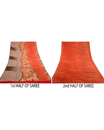 Sanskriti Vintage Orange Sarees Pure Georgette Silk Printed Sari Craft Fabric, PRG-11094-Orange-Printed Floral Design-Pure Georgette Silk-5