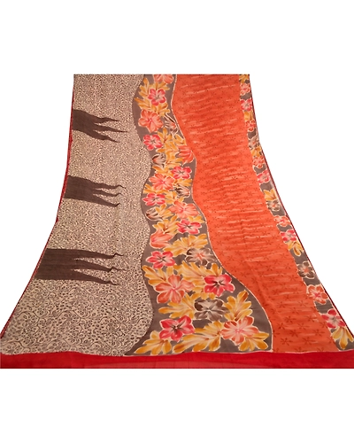 Sanskriti Vintage Orange Sarees Pure Georgette Silk Printed Sari Craft Fabric, PRG-11094-Orange-Printed Floral Design-Pure Georgette Silk-8