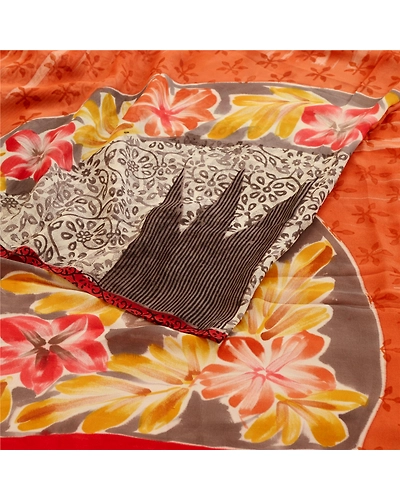 Sanskriti Vintage Orange Sarees Pure Georgette Silk Printed Sari Craft Fabric, PRG-11094-Orange-Printed Floral Design-Pure Georgette Silk-9
