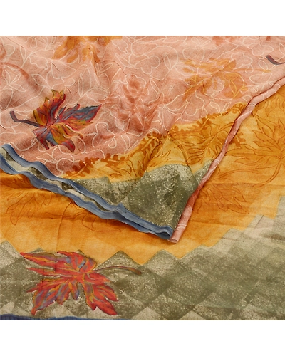 Sanskriti Vintage Peach Printed Sarees Pure Georgette Silk Sari 5Yd Craft Fabric, PRG-11100-Peach-Printed Floral Design-Pure Georgette Silk-9
