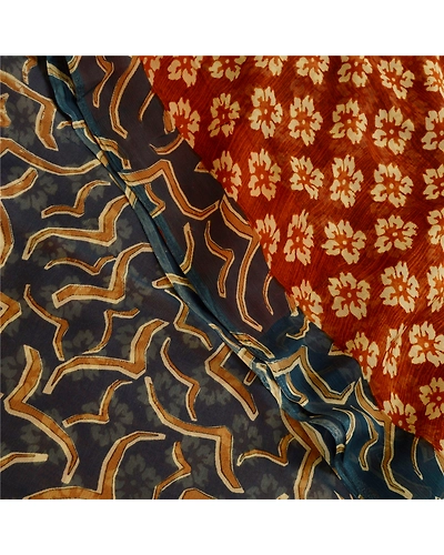 Sanskriti Vintage Indian Sarees Pure Georgette Silk Printed Sari Craft Fabric, PRG-11108-Shade Of Rusty Orange &amp; Grey-Printed Floral Design-Pure Georgette Silk-1