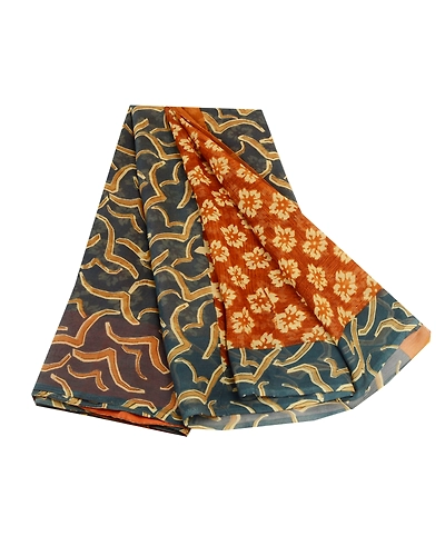 Sanskriti Vintage Indian Sarees Pure Georgette Silk Printed Sari Craft Fabric, PRG-11108-Shade Of Rusty Orange &amp; Grey-Printed Floral Design-Pure Georgette Silk-2