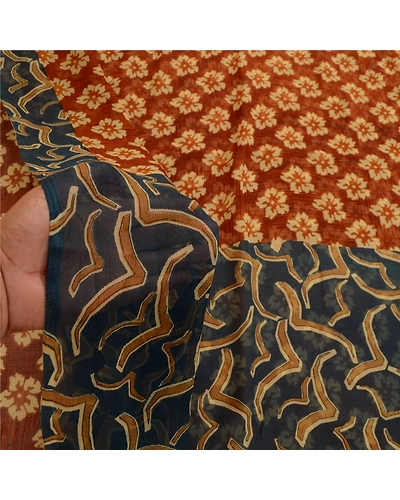 Sanskriti Vintage Indian Sarees Pure Georgette Silk Printed Sari Craft Fabric, PRG-11108-Shade Of Rusty Orange &amp; Grey-Printed Floral Design-Pure Georgette Silk-4