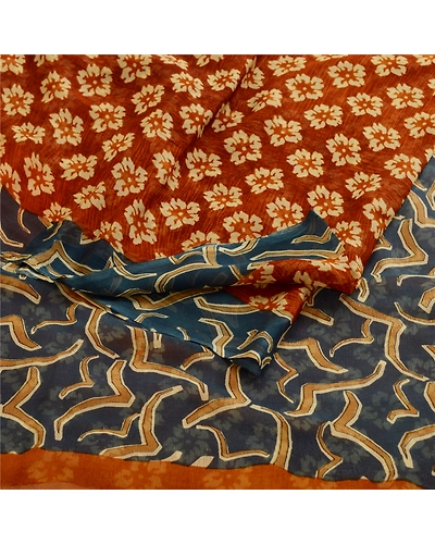 Sanskriti Vintage Indian Sarees Pure Georgette Silk Printed Sari Craft Fabric, PRG-11108-Shade Of Rusty Orange &amp; Grey-Printed Floral Design-Pure Georgette Silk-7