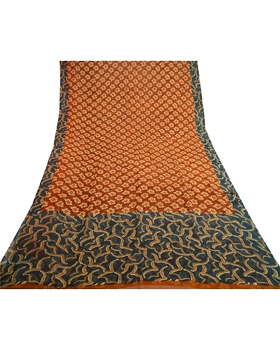 Sanskriti Vintage Indian Sarees Pure Georgette Silk Printed Sari Craft Fabric, PRG-11108-Shade Of Rusty Orange &amp; Grey-Printed Floral Design-Pure Georgette Silk-8