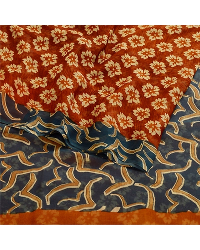 Sanskriti Vintage Indian Sarees Pure Georgette Silk Printed Sari Craft Fabric, PRG-11108-Shade Of Rusty Orange &amp; Grey-Printed Floral Design-Pure Georgette Silk-9