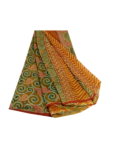 Sanskriti Vintage Green Sarees Pure Georgette Silk Printed Sari Craft Fabric, PRG-11109-Green &amp; Saffron-Printed Floral Design-Pure Georgette Silk-2