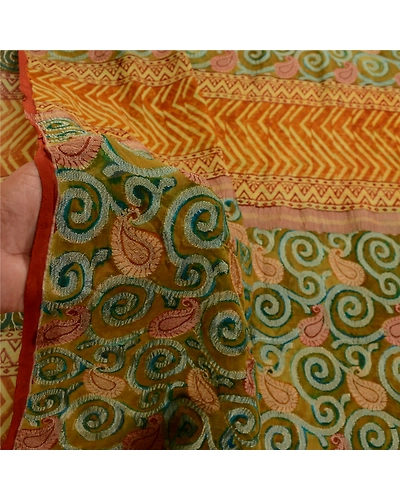 Sanskriti Vintage Green Sarees Pure Georgette Silk Printed Sari Craft Fabric, PRG-11109-Green &amp; Saffron-Printed Floral Design-Pure Georgette Silk-4