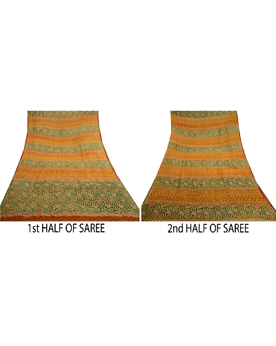 Sanskriti Vintage Green Sarees Pure Georgette Silk Printed Sari Craft Fabric, PRG-11109-Green &amp; Saffron-Printed Floral Design-Pure Georgette Silk-5