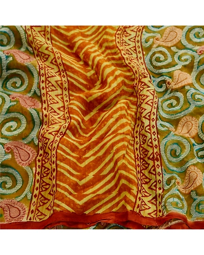 Sanskriti Vintage Green Sarees Pure Georgette Silk Printed Sari Craft Fabric, PRG-11109-Green &amp; Saffron-Printed Floral Design-Pure Georgette Silk-6