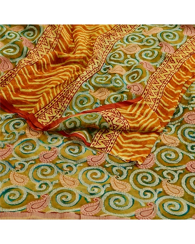 Sanskriti Vintage Green Sarees Pure Georgette Silk Printed Sari Craft Fabric, PRG-11109-Green &amp; Saffron-Printed Floral Design-Pure Georgette Silk-7
