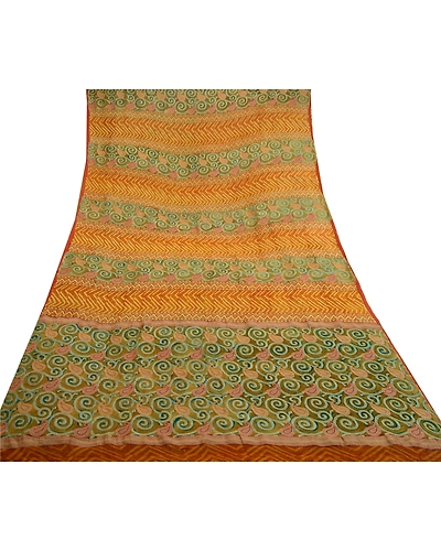 Sanskriti Vintage Green Sarees Pure Georgette Silk Printed Sari Craft Fabric, PRG-11109-Green &amp; Saffron-Printed Floral Design-Pure Georgette Silk-8