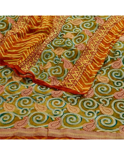 Sanskriti Vintage Green Sarees Pure Georgette Silk Printed Sari Craft Fabric, PRG-11109-Green &amp; Saffron-Printed Floral Design-Pure Georgette Silk-9