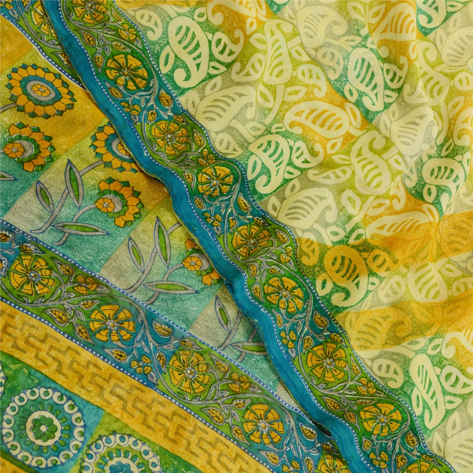 Sanskriti Vintage Green Sarees Pure Georgette Silk Sari 5Yd Floral Craft Fabric, PRG-11123-Green-Printed Floral Design-Pure Georgette Silk-1