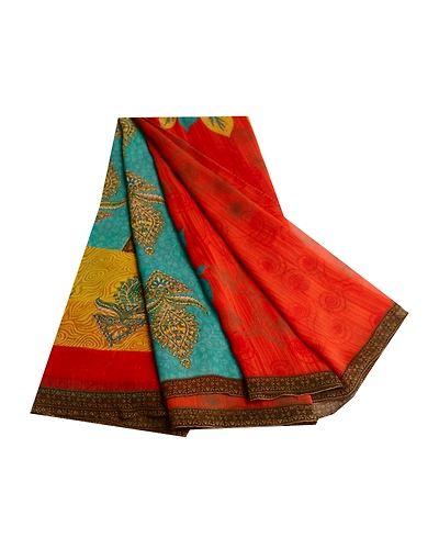 Sanskriti Vintage Red Indian Sarees Georgette Sari 5Yd Floral Soft Craft Fabric, PRG-11124-Red-Printed Floral Design-Poly Georgette-2