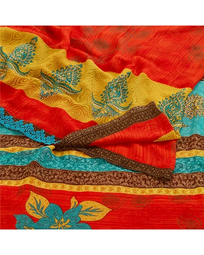 Sanskriti Vintage Red Indian Sarees Georgette Sari 5Yd Floral Soft Craft Fabric, PRG-11124-Red-Printed Floral Design-Poly Georgette-8