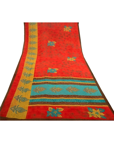 Sanskriti Vintage Red Indian Sarees Georgette Sari 5Yd Floral Soft Craft Fabric, PRG-11124-Red-Printed Floral Design-Poly Georgette-9